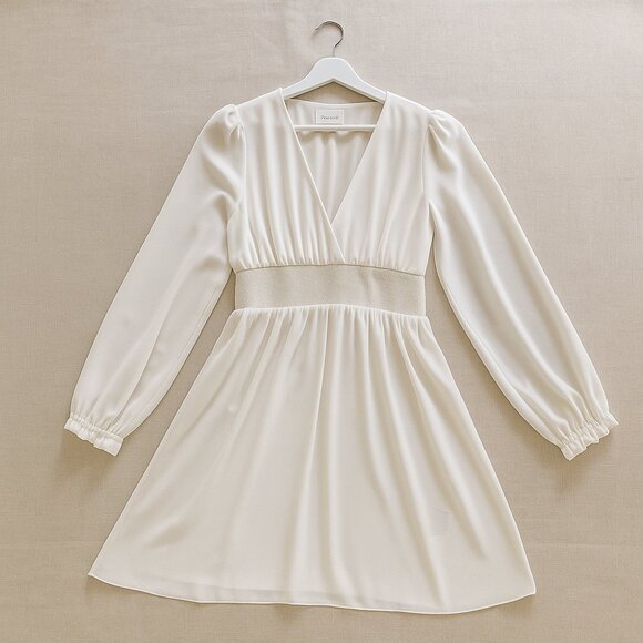 Wilfred Smocked Mini Dress | Light Birch | Long Sleeve V-Neck - Picture 9 of 9